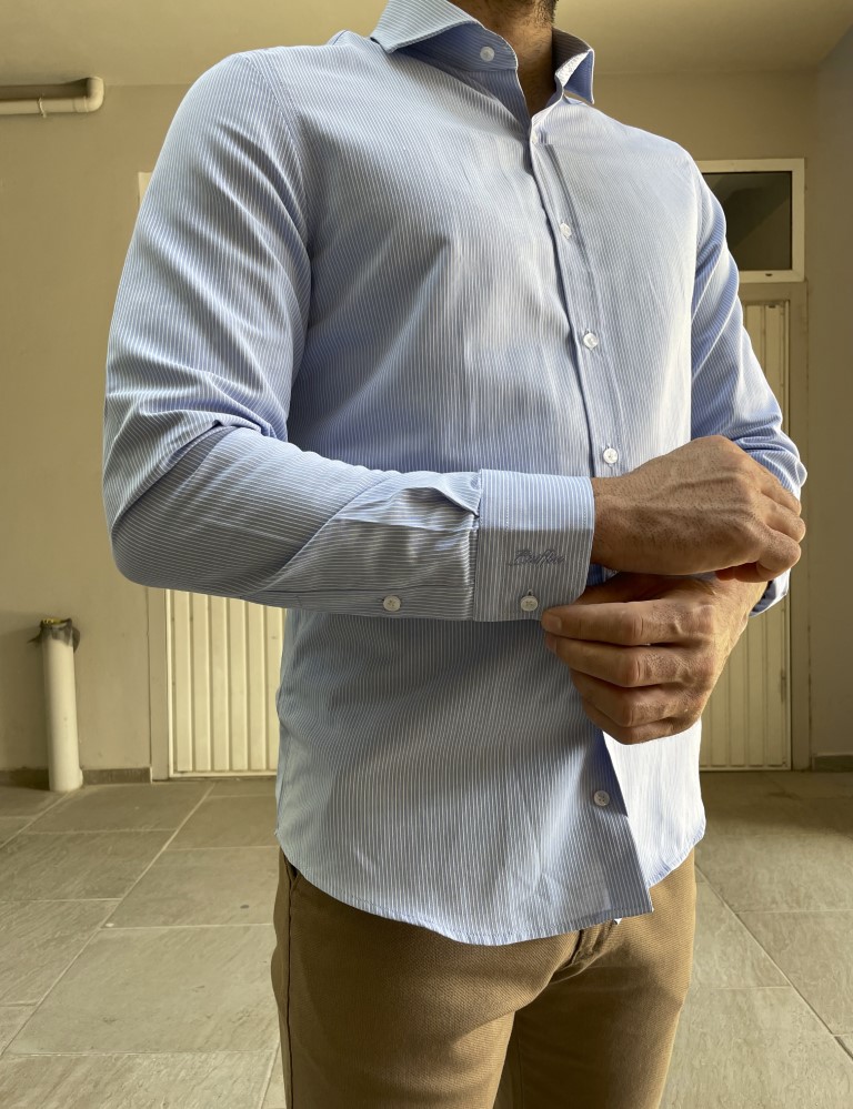 Ανδρικό σιέλ ριγέ πουκάμισο με γιακά 1820 φωτογραφία